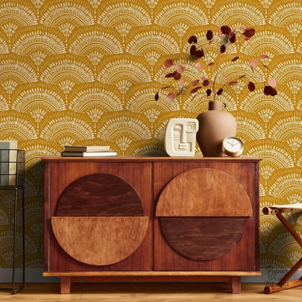 Design bohème élégant en papier peint jaune moutarde