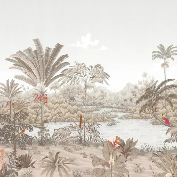 Papier peint jungle avec motifs exotiques et feuillage