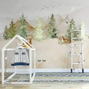 Papier peint forêt avec motifs d'animaux, ambiance sereine