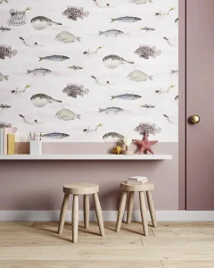 Papier peint scandinave décoré de poissons colorés