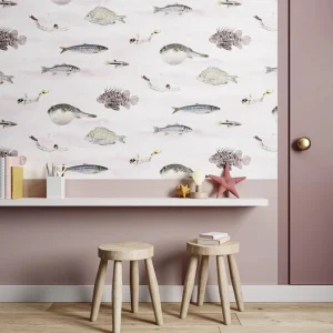 Papier peint scandinave décoré de poissons colorés