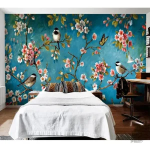 Papier peint décoratif avec motifs d'oiseaux en couleurs