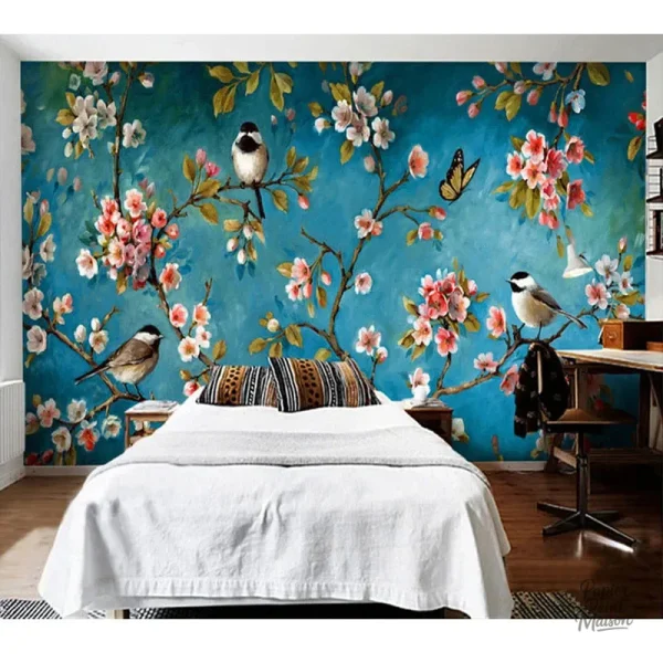 papier-peint-avec-oiseaux-1 Papier peint décoratif avec motifs d'oiseaux en couleurs