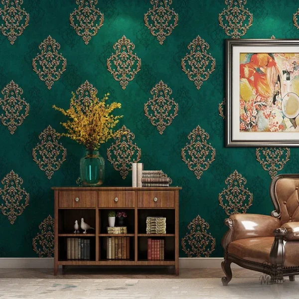 Papier peint baroque vert au motif élégant et raffiné