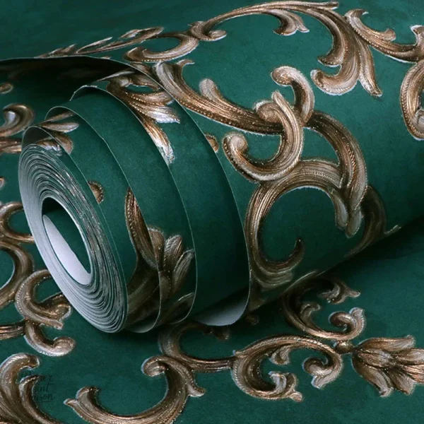 Papier peint baroque, vert, style classique et sophistiqué