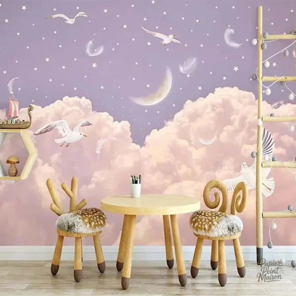 Papier peint fille pour chambre bébé, design doux et coloré