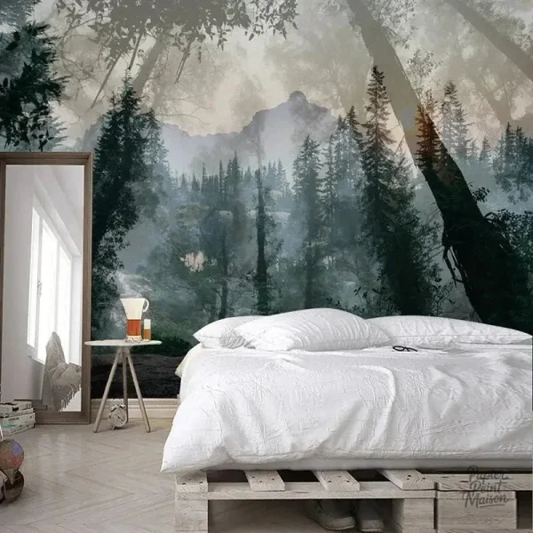 Papier peint évoquant une ambiance forestière apaisante