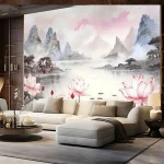 Papier peint montagneux avec motifs de chalet alpin