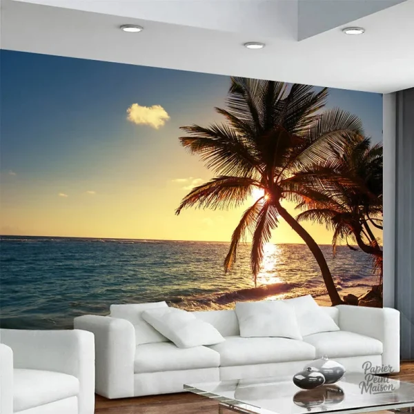Papier peint palmier coucher de soleil pour une ambiance tropicale