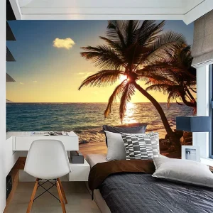 Décor mural palmier évoquant un coucher de soleil chaleureux