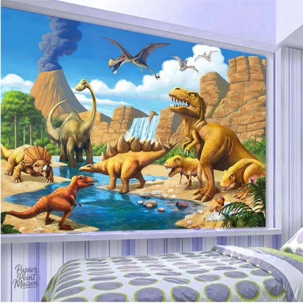 Papier peint effet 3D avec motifs de dinosaures colorés