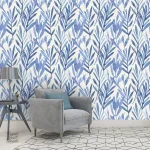 Papier peint aux motifs de feuillage dans des teintes bleues