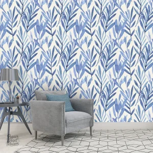 Papier peint aux motifs de feuillage dans des teintes bleues