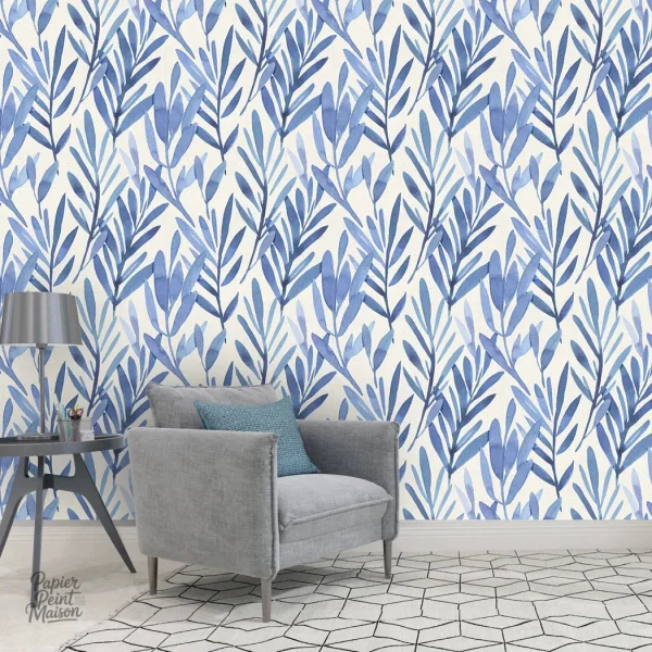 Papier peint aux motifs de feuillage dans des teintes bleues