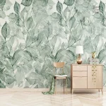 Papier peint feuillage vert et blanc pour décoration intérieure
