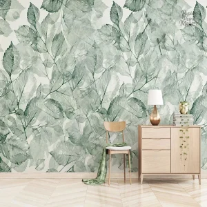 Papier peint feuillage vert et blanc pour décoration intérieure