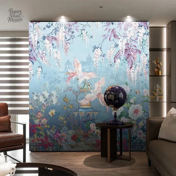 Papier peint intissé avec design floral et aviaire