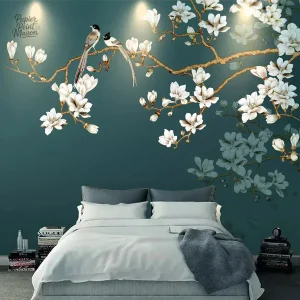 Papier peint avec fleurs vertes, idéal pour un intérieur frais