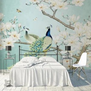 Papier peint floral avec motifs d'oiseaux colorés