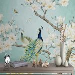 Papier peint décoratif oiseaux sur fond fleuri