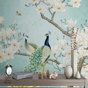Papier peint décoratif oiseaux sur fond fleuri