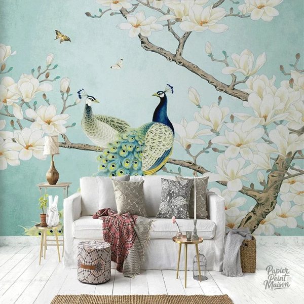 Papier peint fleuri avec designs d'oiseaux élégants
