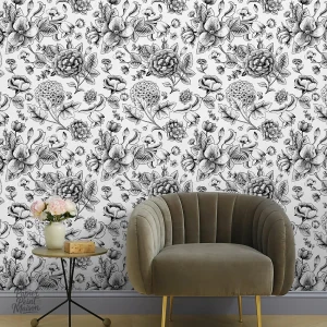 Papier peint rétro avec motifs floraux colorés