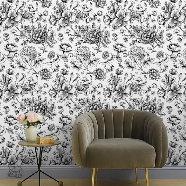 Papier peint rétro avec motifs floraux colorés