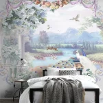 Papier peint fleurs et oiseaux colorés pour décoration intérieure