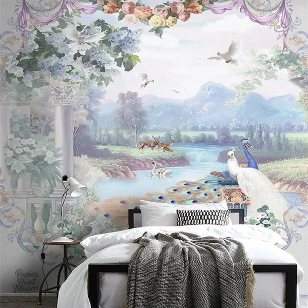 Papier peint fleurs et oiseaux colorés pour décoration intérieure