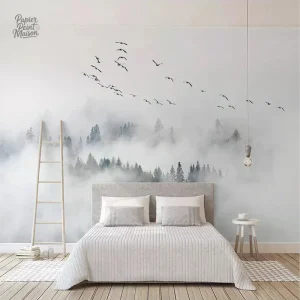 Papier peint forêt noir et blanc élégant et moderne