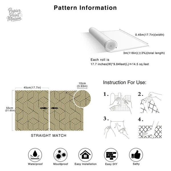 Papier peint à motifs géométriques, effet doré pour murs