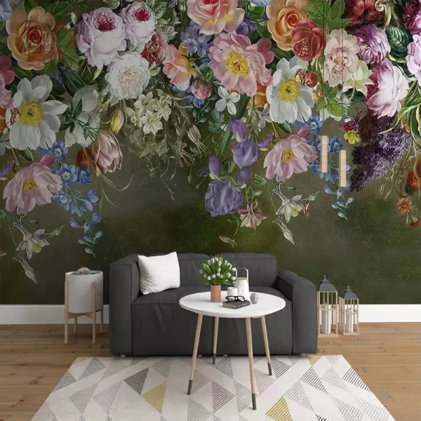 Papier peint fleuri avec grosses fleurs colorées