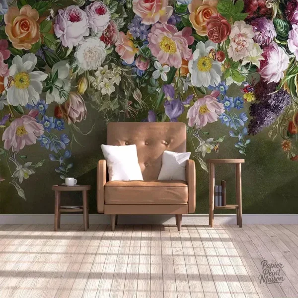 Papier peint à motif floral, design aux grandes fleurs