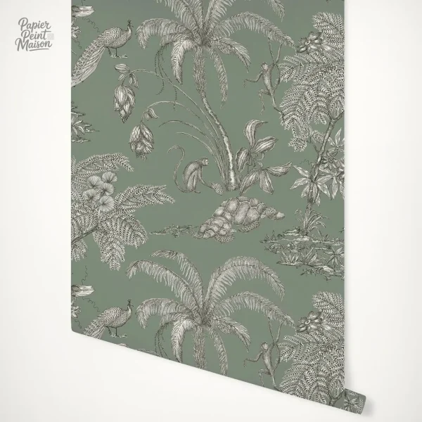 Papier peint jungle avec motifs d'animaux exotiques et végétation
