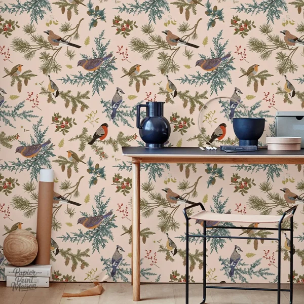 Papier peint oiseaux et fleurs décoratif pour intérieur