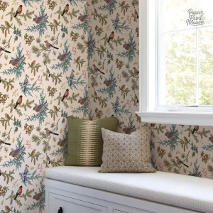 Motif floral avec oiseaux colorés sur papier peint