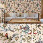 Papier peint nature avec motifs d'oiseaux et fleurs