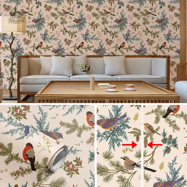 Papier peint nature avec motifs d'oiseaux et fleurs