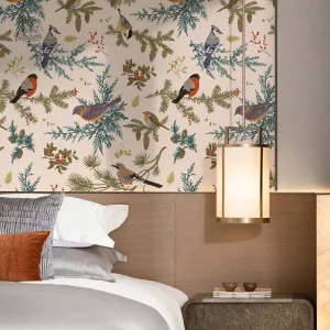 Design élégant d'oiseaux et fleurs sur papier peint mural