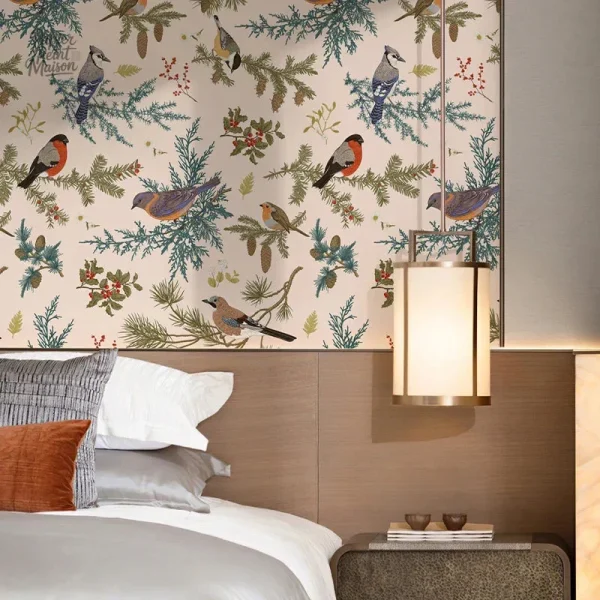 Design élégant d'oiseaux et fleurs sur papier peint mural