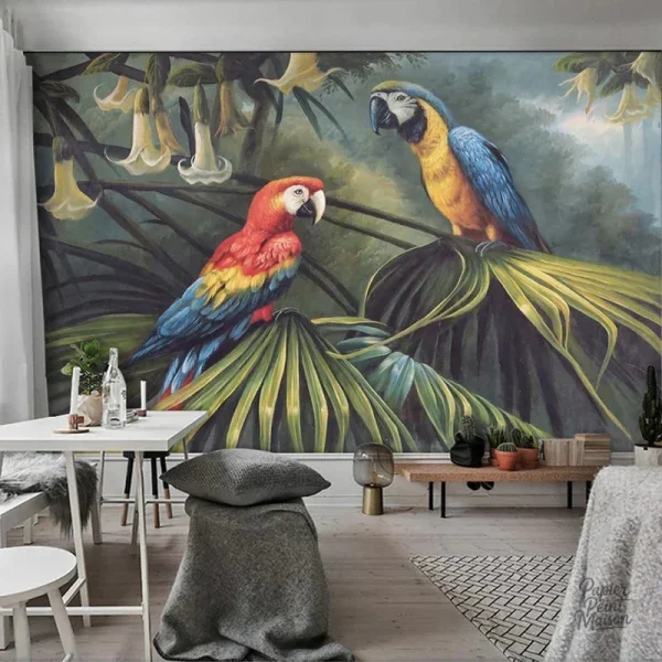 Décoration murale avec motifs d'oiseaux colorés exotiques