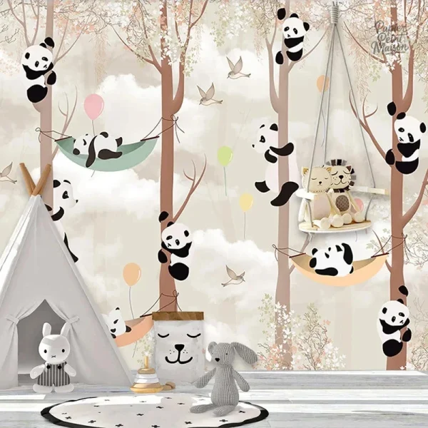 Papier peint inspiré de la nature avec panda et forêt