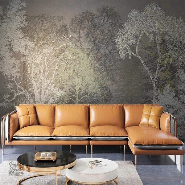 Papier peint forêt avec motifs de végétation luxuriante