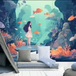 Papier peint poisson bleu décoratif pour intérieur