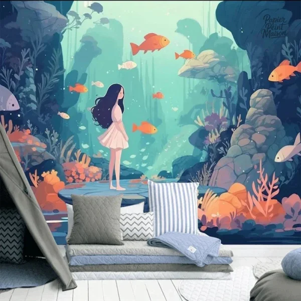 Papier peint poisson bleu décoratif pour intérieur