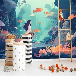 Motif de poisson bleu en papier peint pour décoration murale