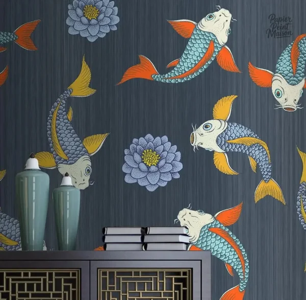 Papier peint poisson japonais avec motifs traditionnels