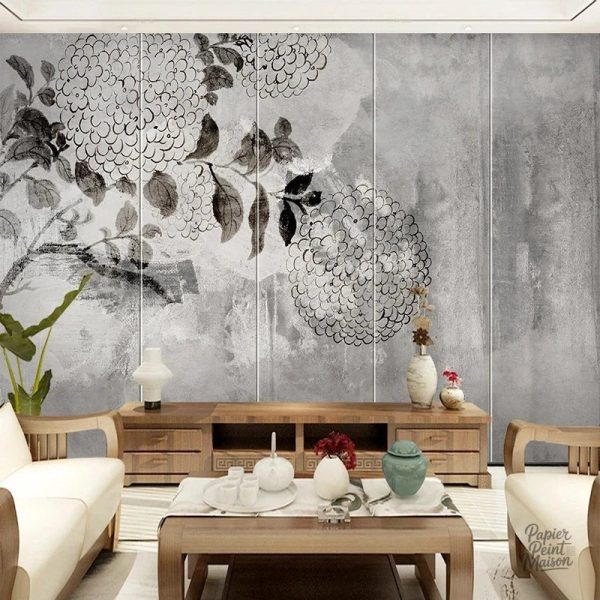 Papier peint végétal noir et blanc élégant pour décoration intérieure