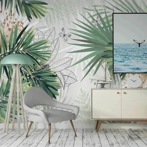 Papier peint avec motifs végétaux, ambiance fraîche